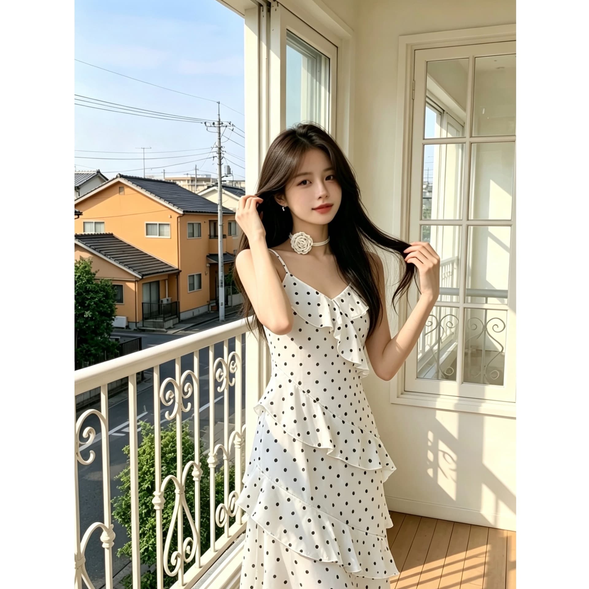 Pure Desire Polka Dot Camisole Dress for Women Summer New Collection Waist-Slimming French Style Stunning Ruffle Hem Vacation Maxi Dress