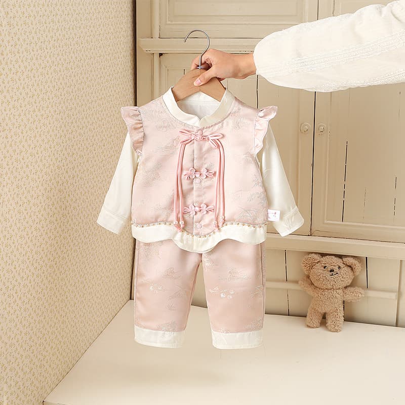 Chinese-style baby girl Tang suit suit spring and autumn one-year-old dress with buckles and flying sleeves Chinese-style infant and toddler split two-piece set
