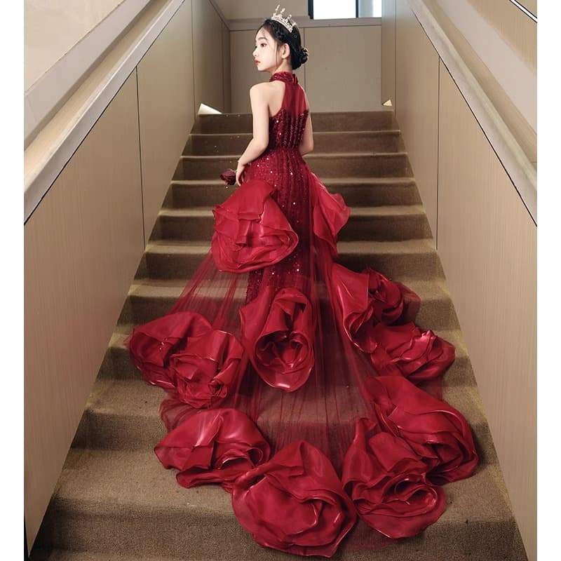 Girls' Evening Gown Light Luxury Niche High-End Piano Performance Host Trailing Red Runway Model Summer