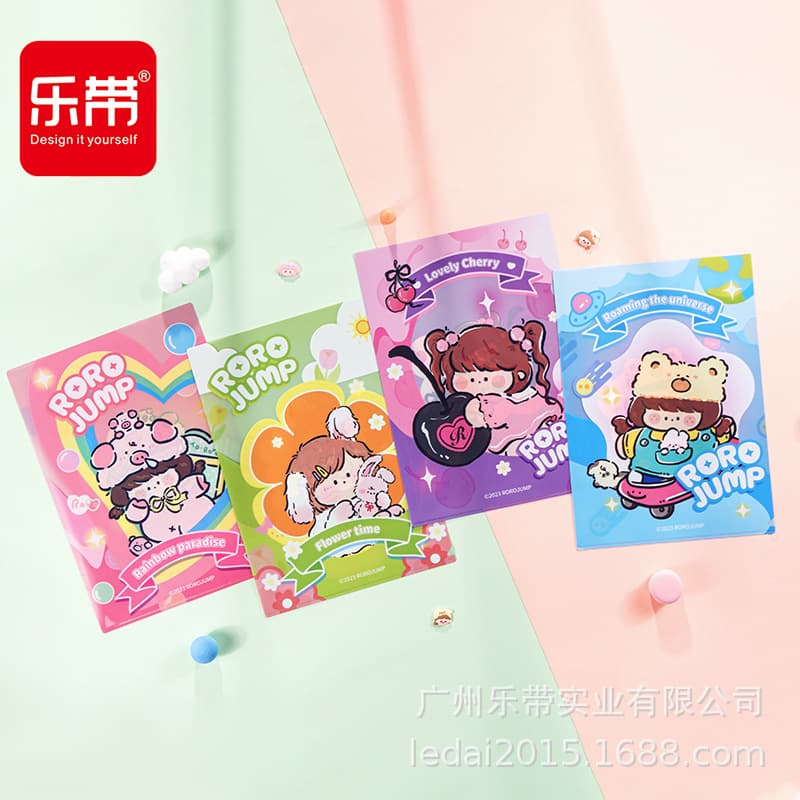 Cartoon L-shaped folder A4 file bag high-value plastic file bag student pp file storage bag multi-function