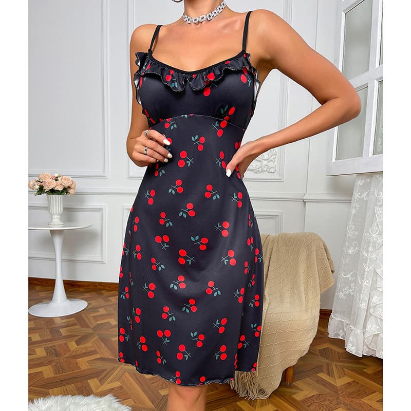 Cross-border Source Europe and America Lingerie Sexy Women's Camisole Cherry Heart Print Homewear Sleep Dress
