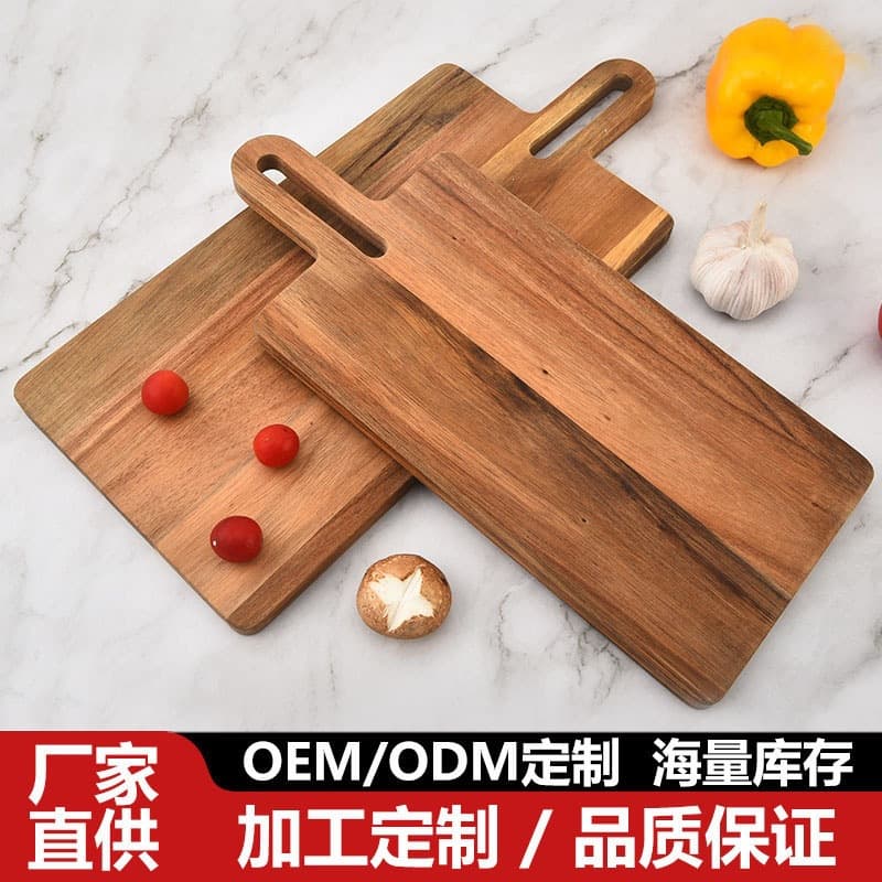 Cross-border Acacia Wood Cutting Board, Wooden Steak Bread Board, Solid Wood Chopping Board, Fruit Board with Handle, Kitchen Cutting Board