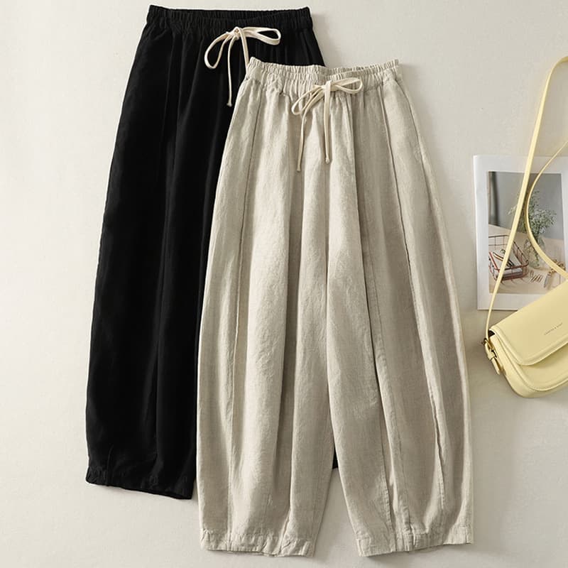Literary Pumpkin Pants Elastic Waist Cotton and Linen Wide Leg Pants Women's Summer Loose Pants Bloomers