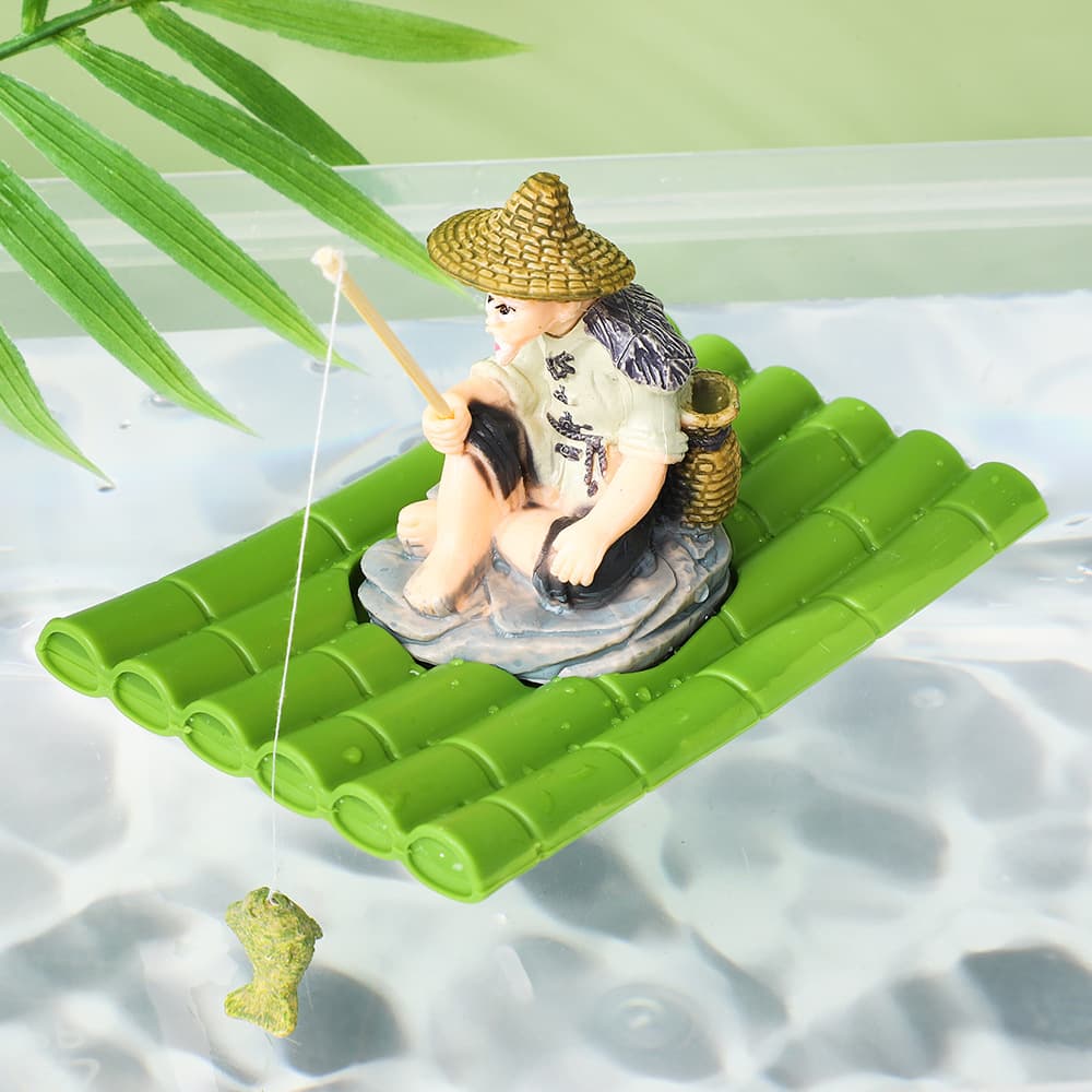 Aquarium landscaping, Jiang Taigong fishing bamboo raft ornament, floating bamboo raft for fishing, elderly people's courtyard pond decoration.
