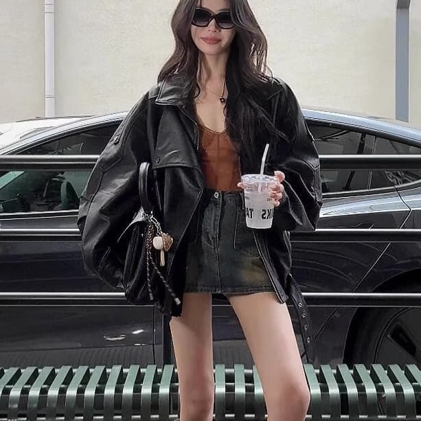 Women's Black Retro Motorcycle Lapel PU Leather Jacket, Cool and Edgy Style 2025 Spring/Autumn New Arrival Biker Motorcycle Top