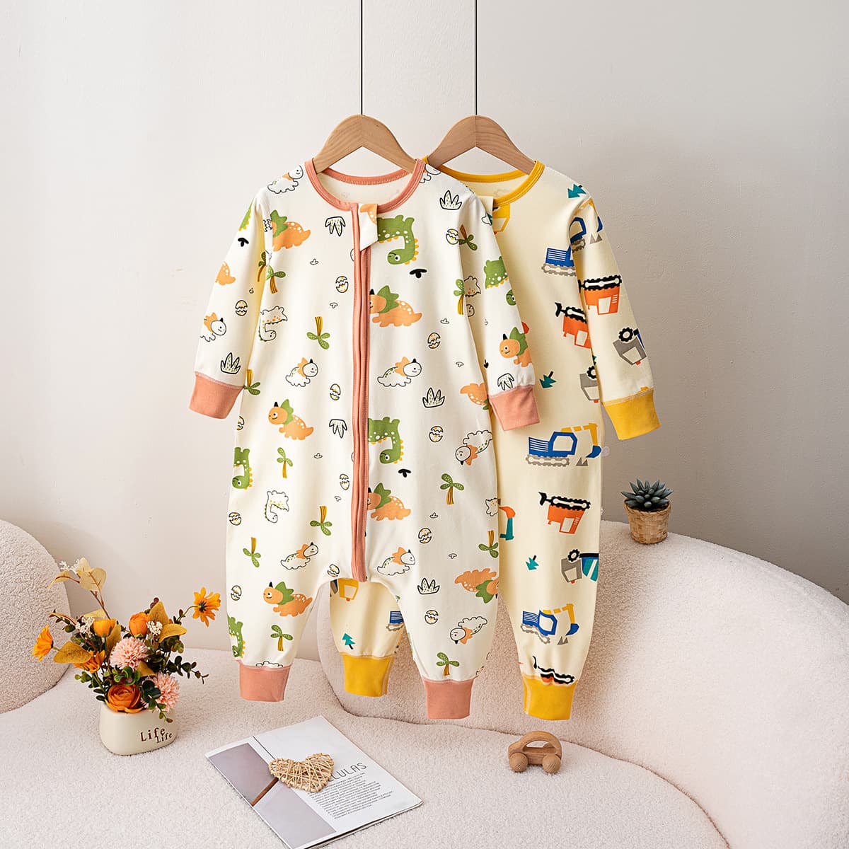Pure Cotton Baby Sleep Sack Four Seasons Baby Bodysuit Pajamas Infant Separate Legs Homewear Three-Zipper Anti-Kick Sleep Dress