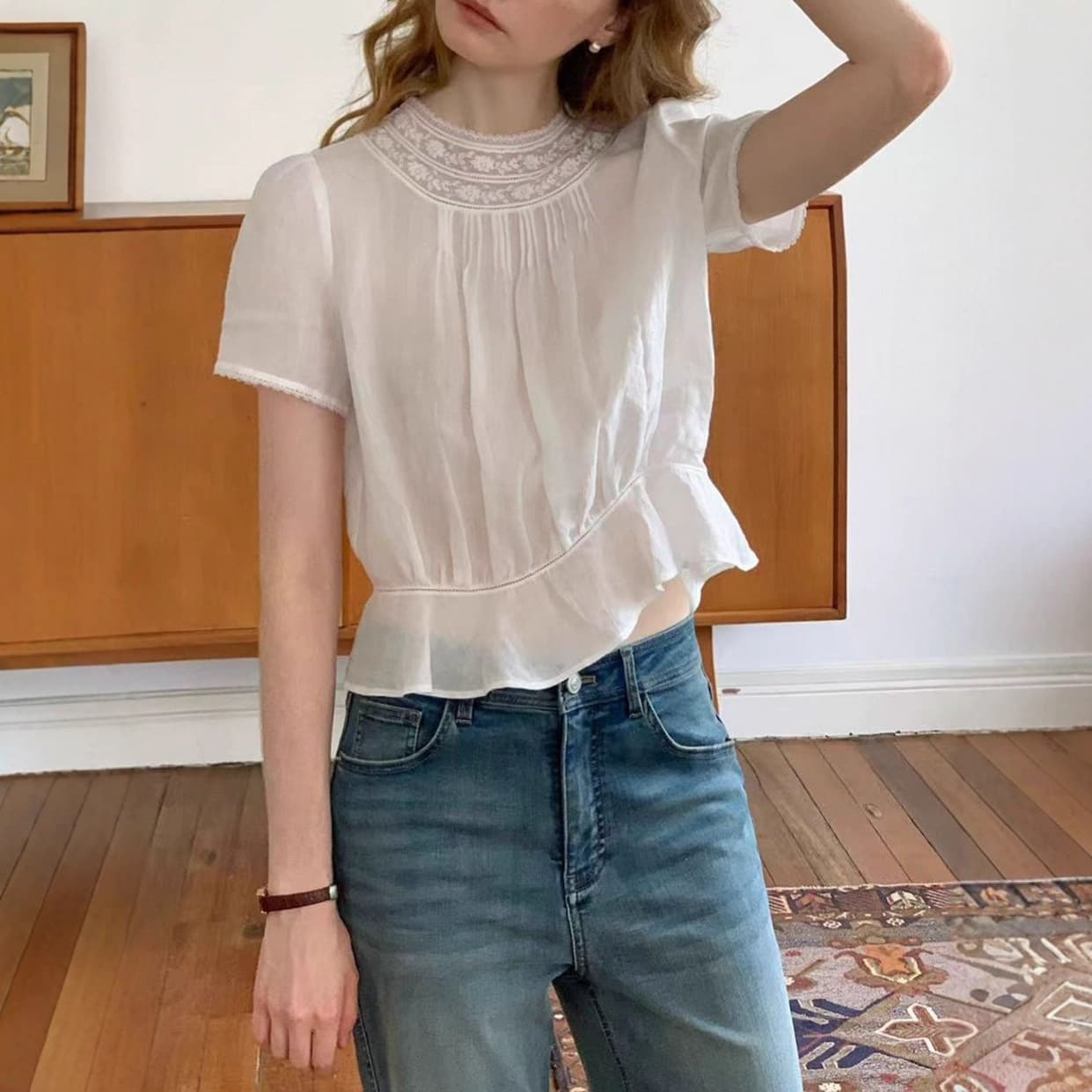 2025SS 100% Ramie Heavy Craft French Lace Patch Short Sleeve Edwardian Blouse