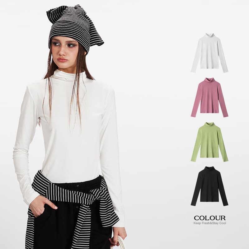 HeyHenry Multi-Color High Neck Solid Base Layer Long Sleeve T-Shirt for Women Spring Autumn Fitted Shoulder Top