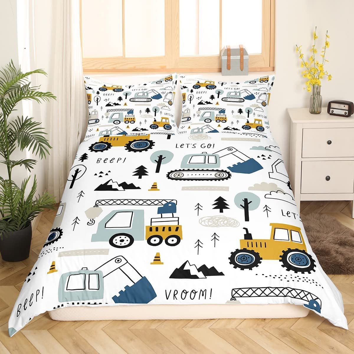Cartoon Construction Vehicle Duvet Cover Set Tractor Excavator Bedding Set for Kids Boys Bedroom 3-Piece