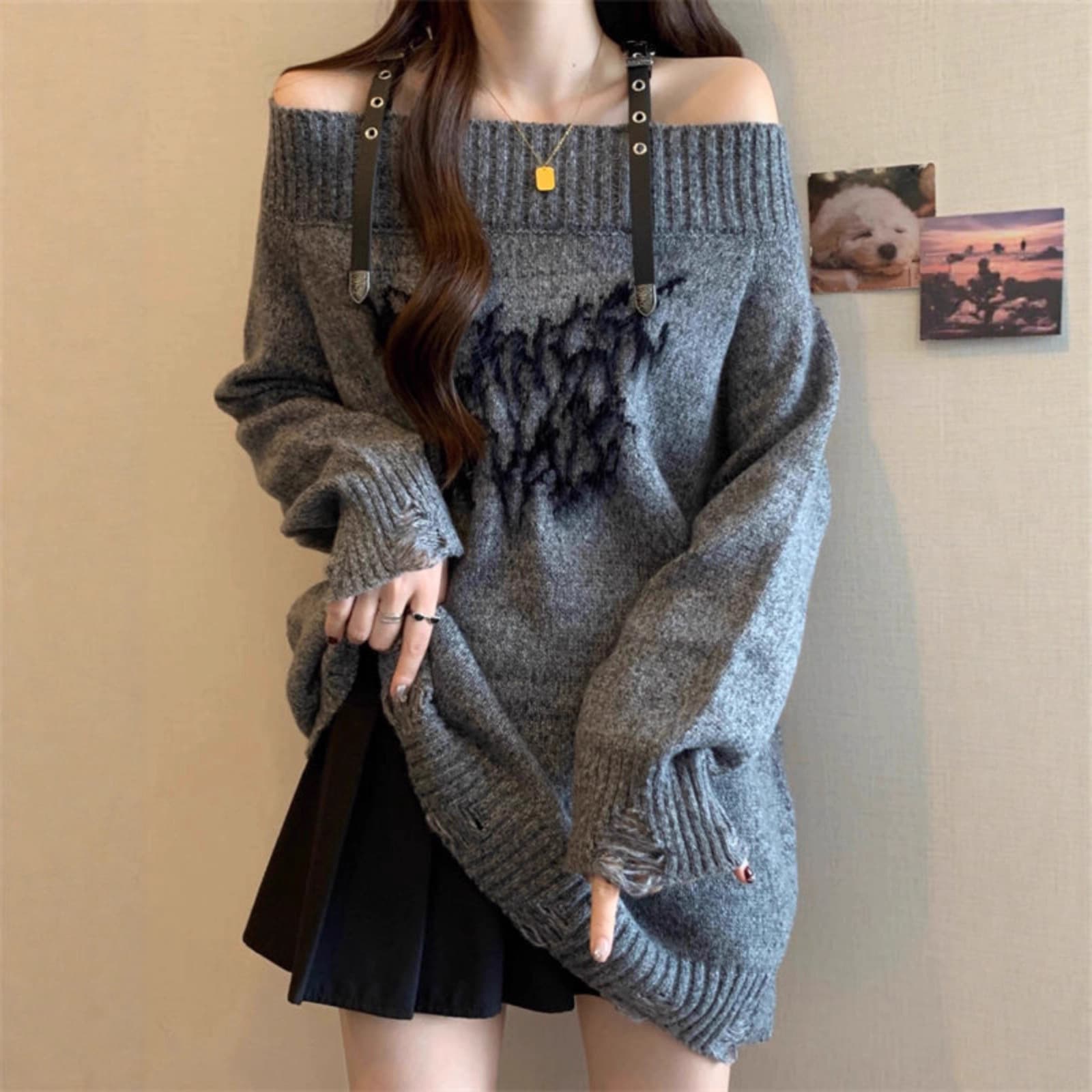 Khaki belt one-shoulder ripped sweater for women in autumn and winter mid-length loose versatile lazy style sweater trendy