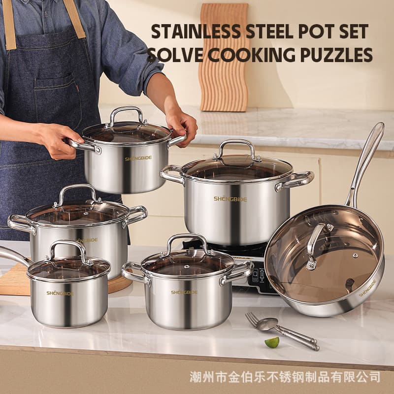 Thickened Stainless Steel 12-Piece Cookware Set with Milk Pot, Soup Pot, Frying Pan, Kitchen Cookware Combination for Cross-Border Sales