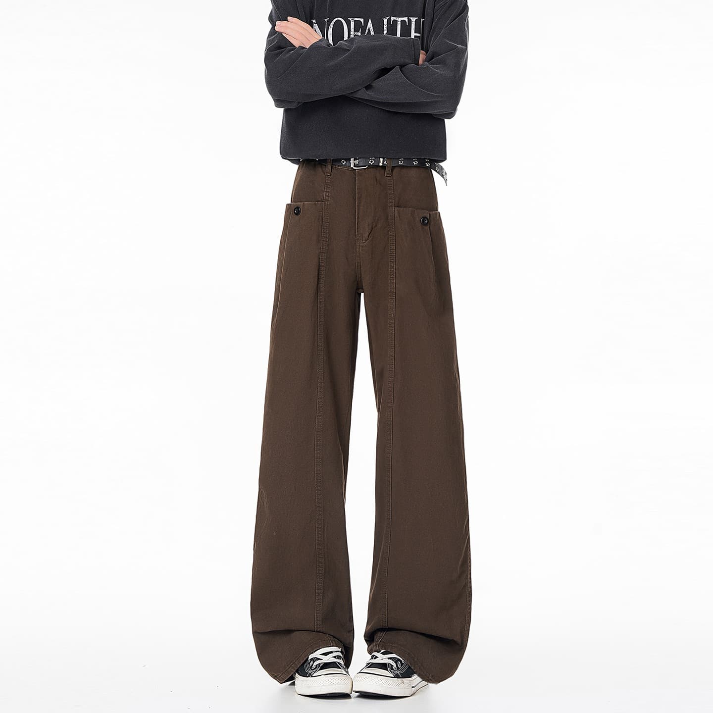 American Retro Brown Spliced Slightly Flared Cargo Pants Men Autumn Streetwear Loose Slimming Versatile Straight Casual Pants