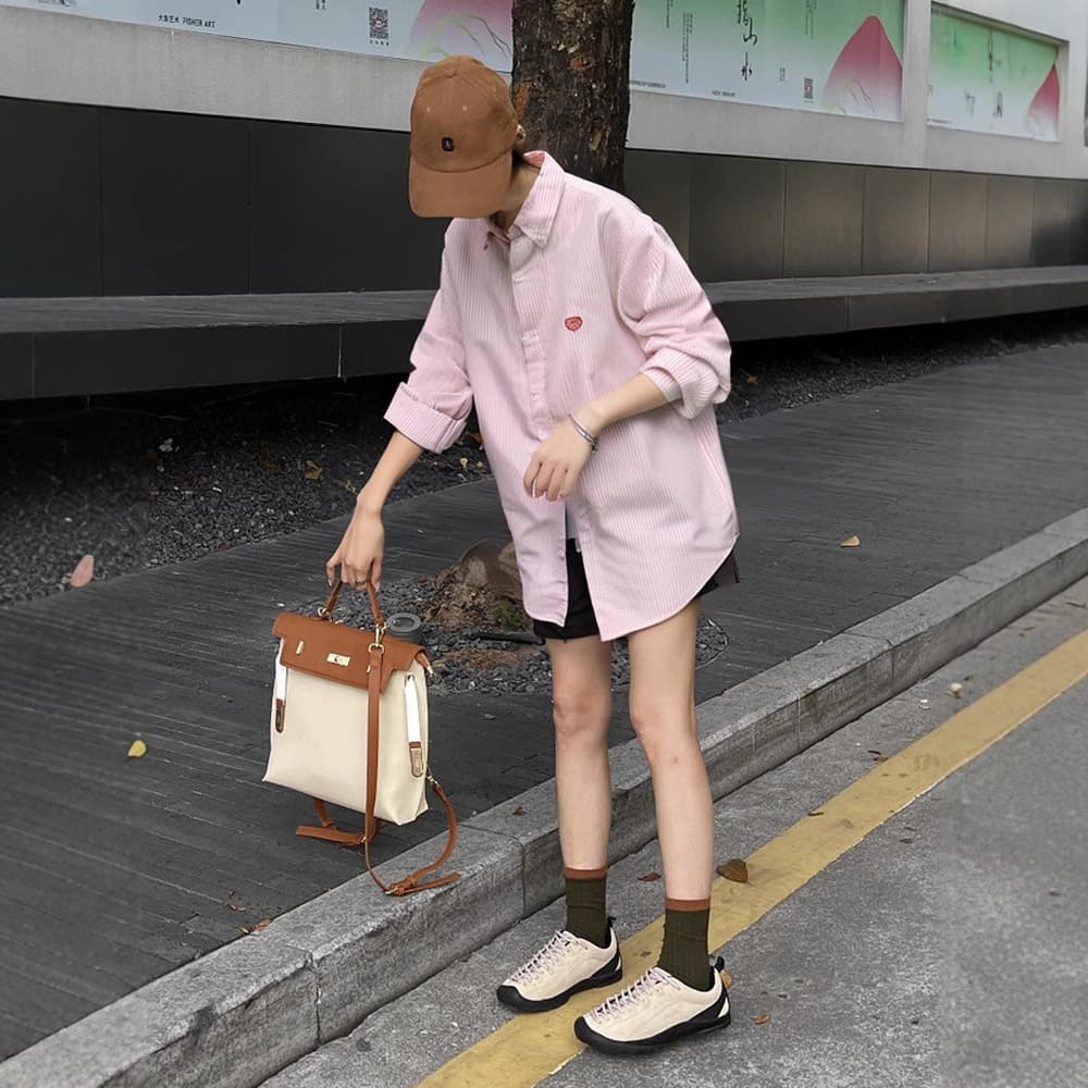Japanese Street Brand Human Heart Embroidery Striped Oxford Long-Sleeve Shirt for Men and Women Couple Ins Shirt Jacket