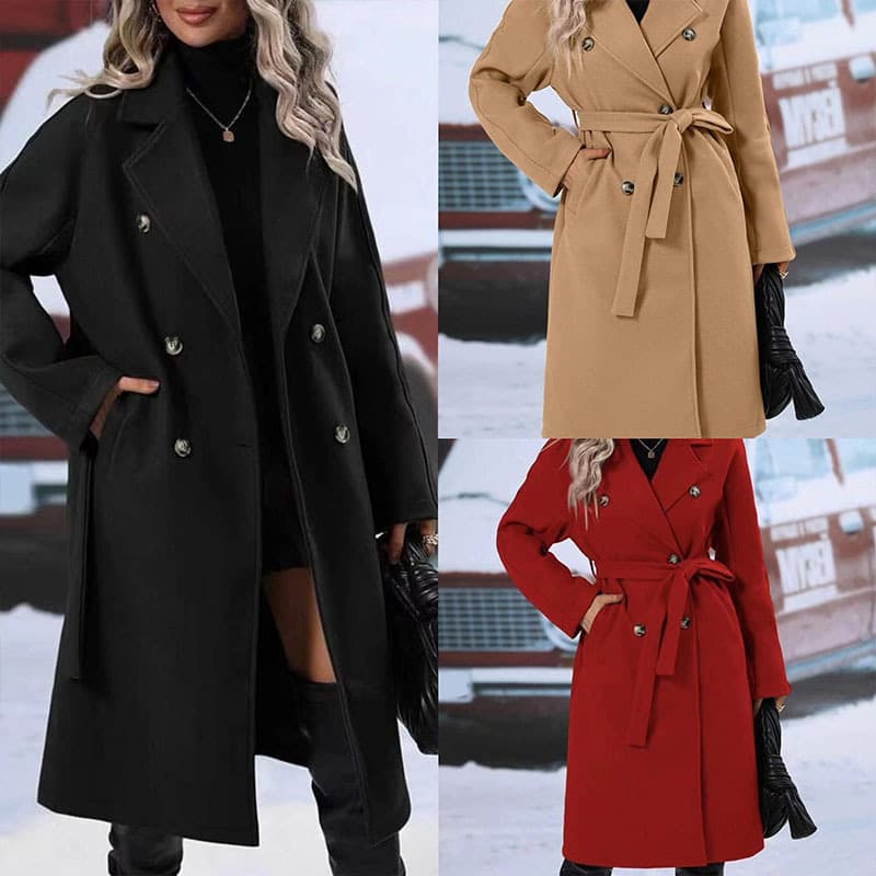 2025 Europe and the United States cross-border foreign trade new solid color lapel thickened dragon and phoenix lace double-breasted long trench coat women