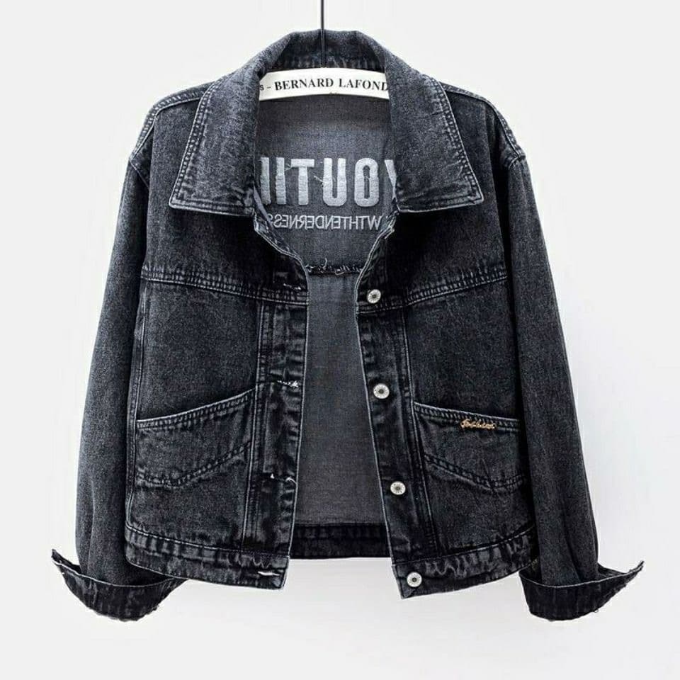 Denim Jacket Unisex 2026 Spring Autumn Korean Loose New Trendy Versatile Black Embroidery Short Cropped Long Sleeve