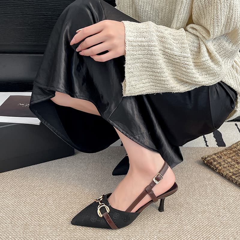 Pointed Metal Chain High Heel Sandals 2025 Summer New Style Thin Heel Printed European and American Closed-Toe Sandals for Women