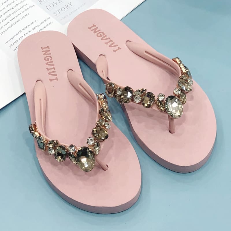 Summer New Rhinestone Flip Flops for Women, Flat Heel Fashion Toe Separator Sandals, Outdoor Casual Non-Slip Summer Beach Slippers