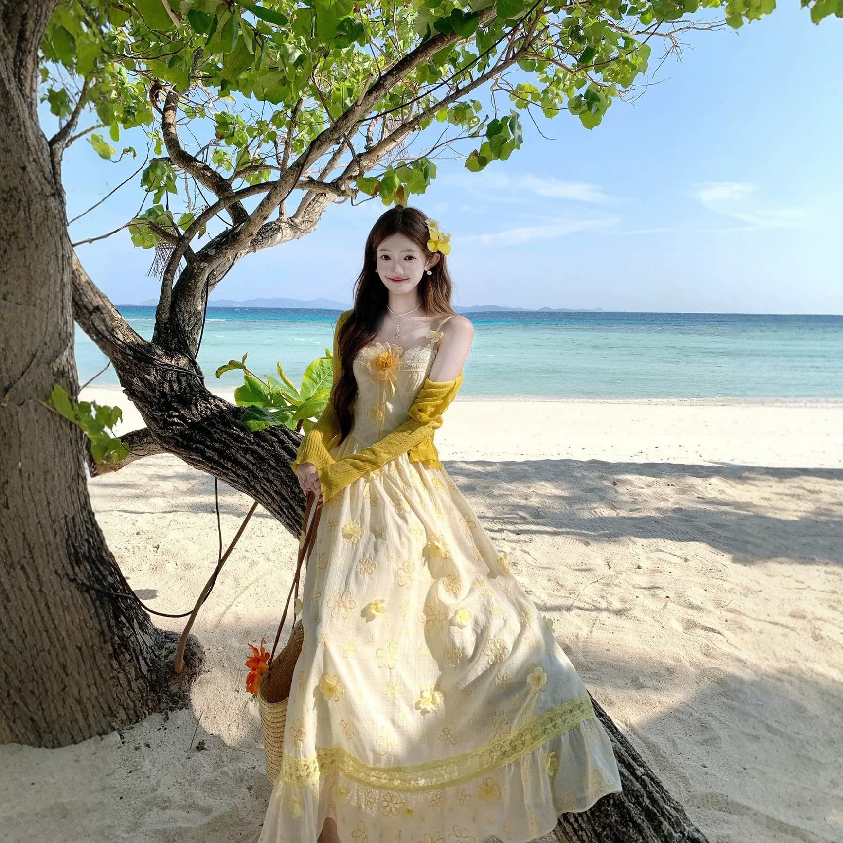 [Butter Daisy] Vacation Vibes Yellow Lace Camisole Floral Dress + Yellow Lightweight Cardigan Set