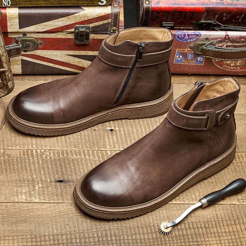 New genuine leather Chelsea boots, fleece-lined men's mid-top Martin boots, short boots, British style, soft fleece-lined slip-on leather boots