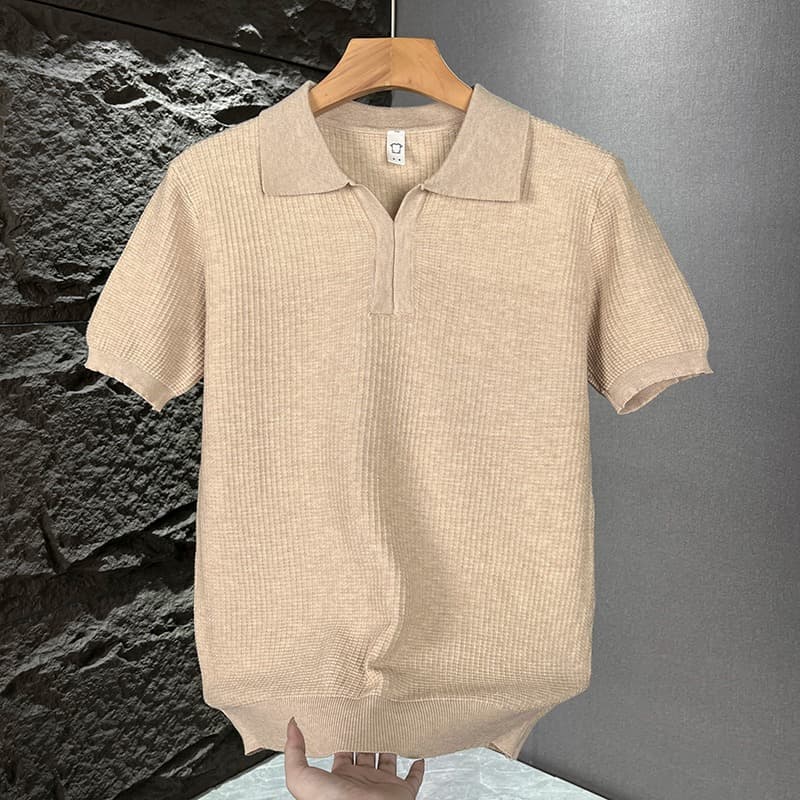 Simple Lapel Korean Style Short-Sleeve Sweater for Men, Trendy Solid Color Knit Top, 2026 Spring/Summer New Arrival