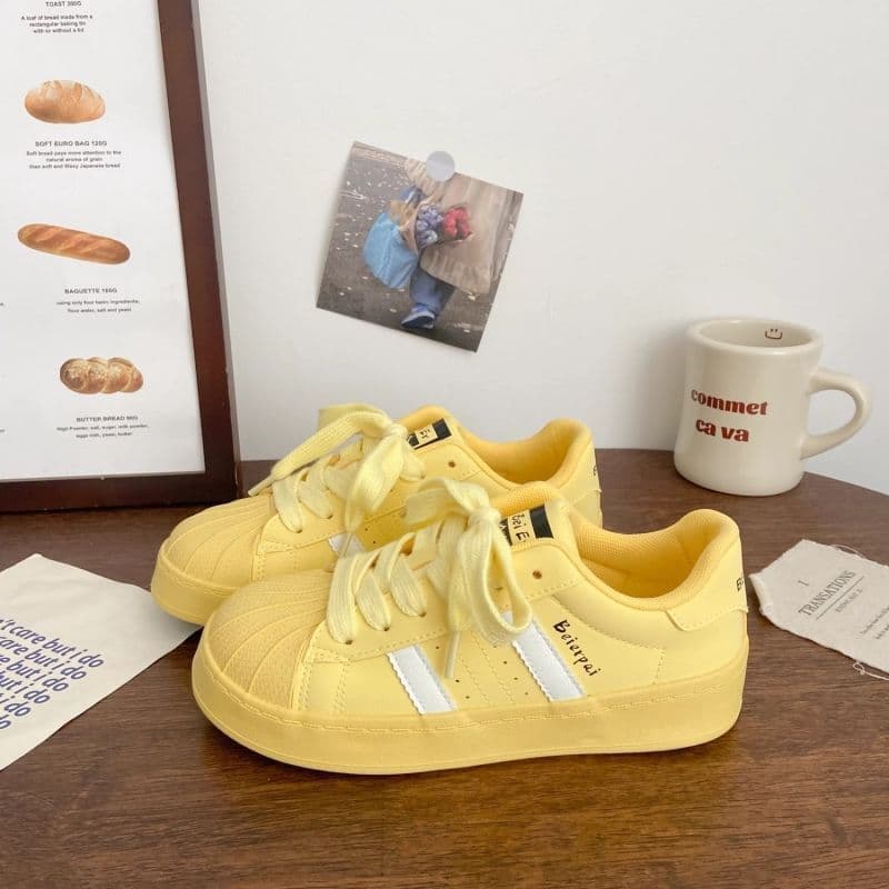 Warm Yellow Thick Sole Shell Toe Sneakers for Women, Autumn New Arrival, Ins Style, Korean Version, Versatile Low-Top Casual White Shoes
