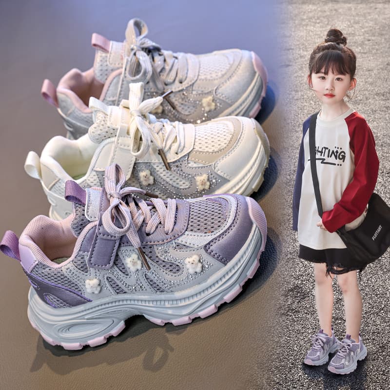 Girls' Sneakers 2026 Spring New Mesh Breathable Soft Sole Dad Shoes Casual Flat Shoes
