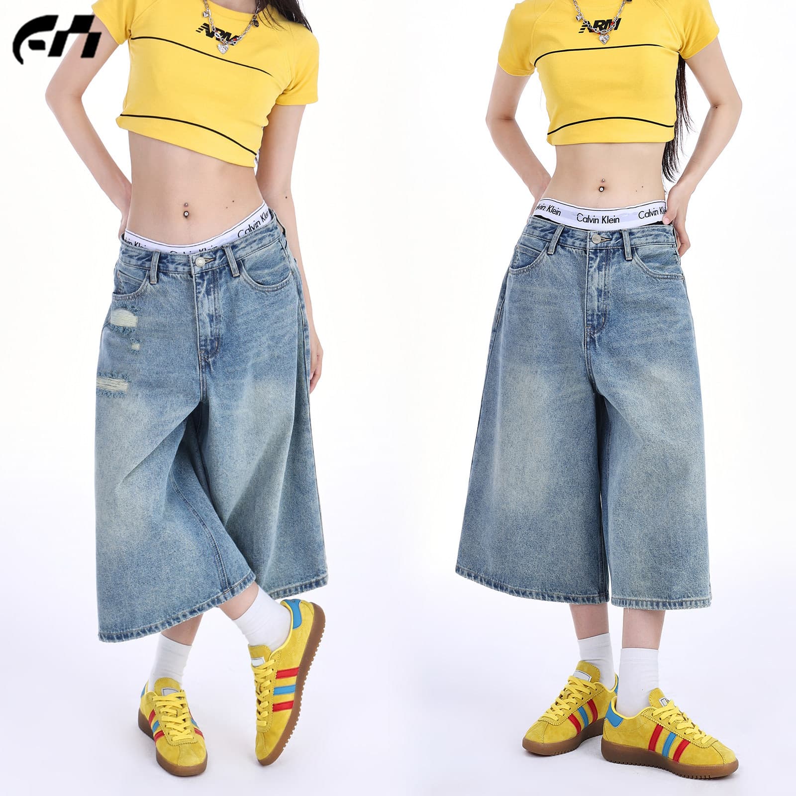 Vintage Light Blue Capri Denim Shorts for Women 2026 Summer New American Loose Fit Slimming 7/8 Length Wide Leg Pants