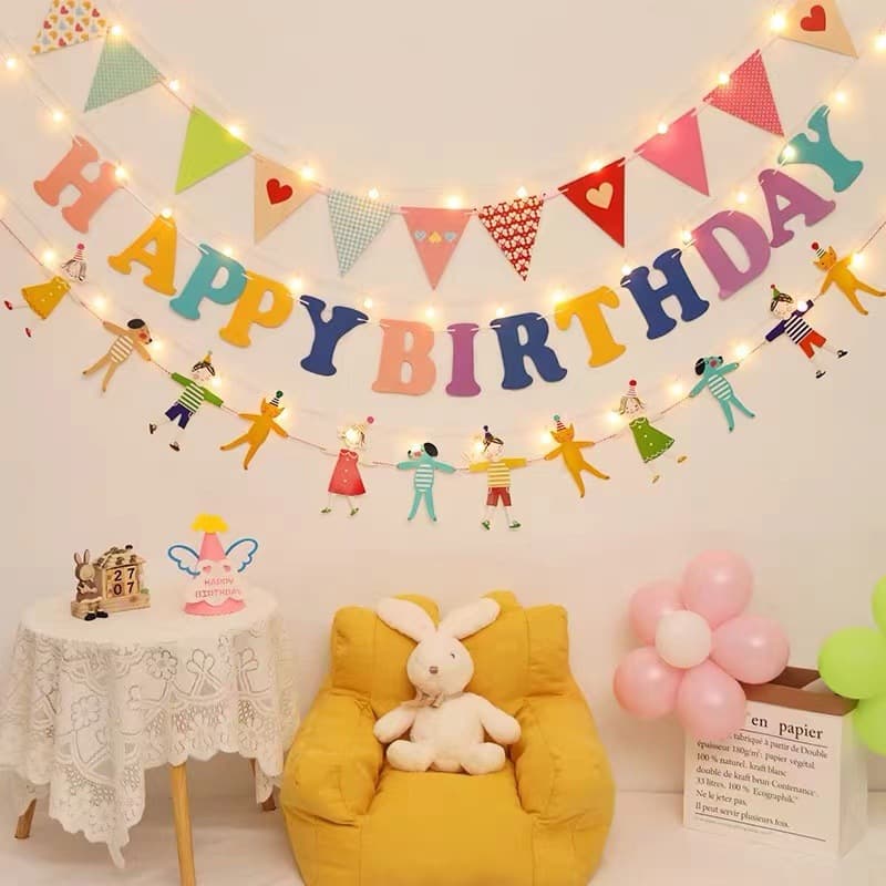 Children's Birthday Party Decoration Banner Cute Cartoon Party Decor Korean Style Macaron Happy Birthday in English