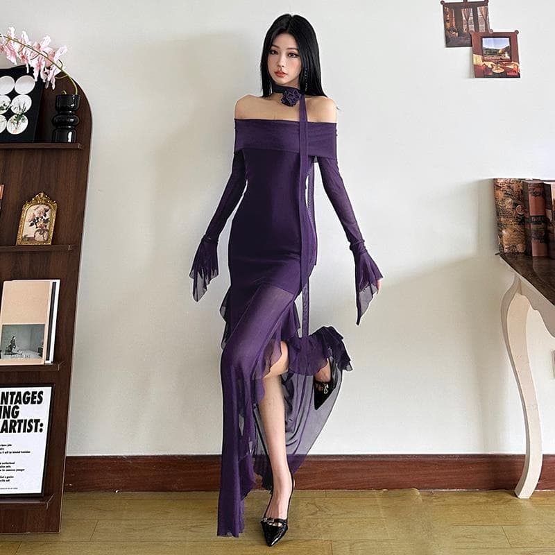 One-shoulder mesh long-sleeved dress summer cross-border women's sexy off-shoulder slim-fitting hip-hugging fishtail dress long skirt