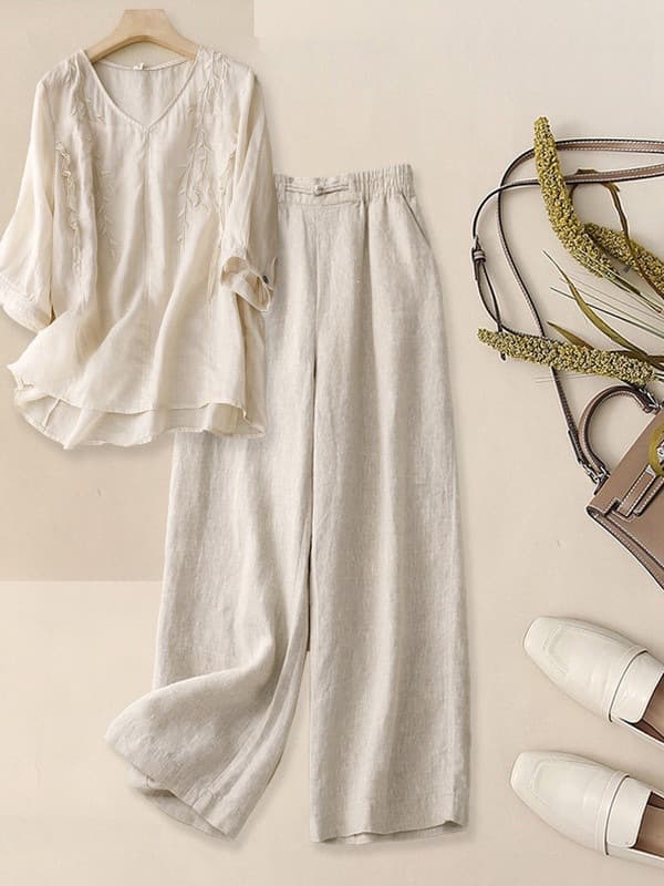 New Summer Linen Suit for Women High-End Three-Quarter Sleeve Embroidered Blouse Cotton Linen Wide-Leg Pants Two-Piece Set