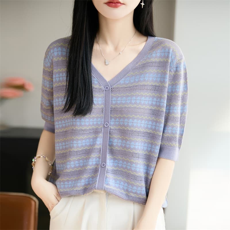 Tencel Lyocell V-Neck Knitted Cardigan Short Sleeve Color Block Hollow Out Loose Versatile Top 2026 Spring Summer New