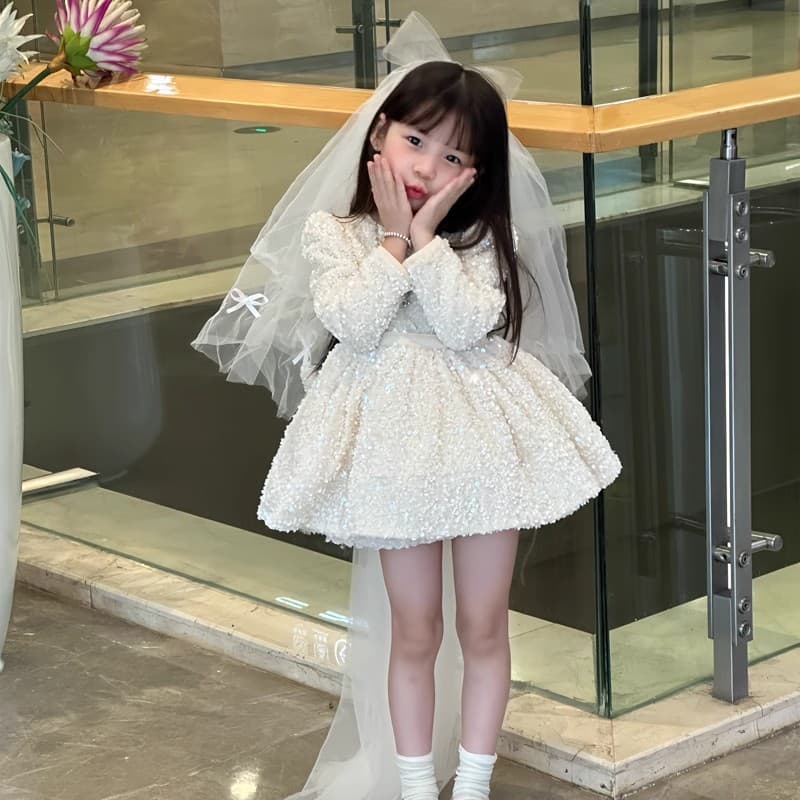 Baby Girl Sparkly Sequin Dress Christmas Birthday Lolita Princess Gown with Train Performance Dress