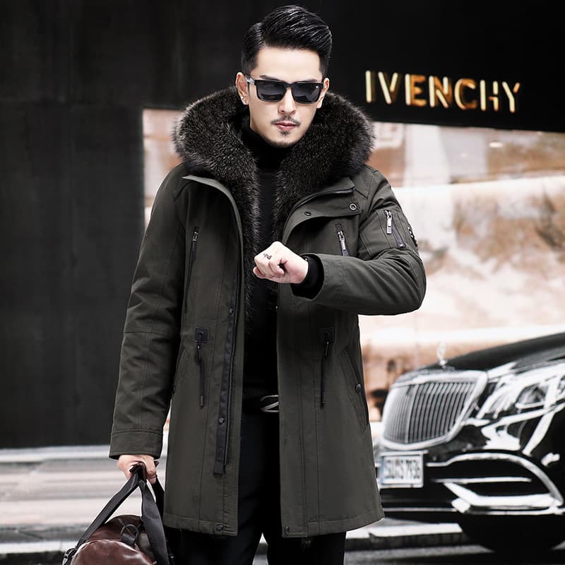 Men's Parka Jacket, American Raccoon Rabbit Fur Lined Mid-Length Thick Fur Coat, Genuine Leather Jacket for Men