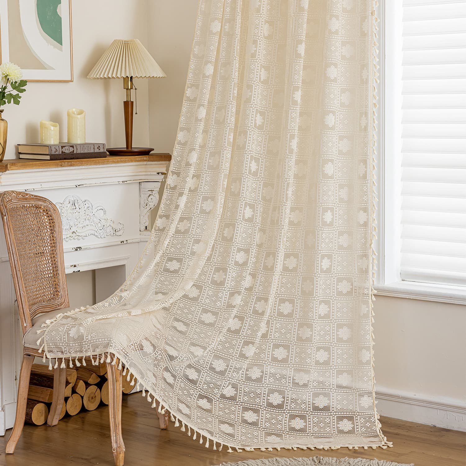 Cross-border Countryside Floral Lace Fringe Jacquard Window Sheer Fabric Amazon Foreign Trade Curtain Ready Stock Manufacturer Wholesale