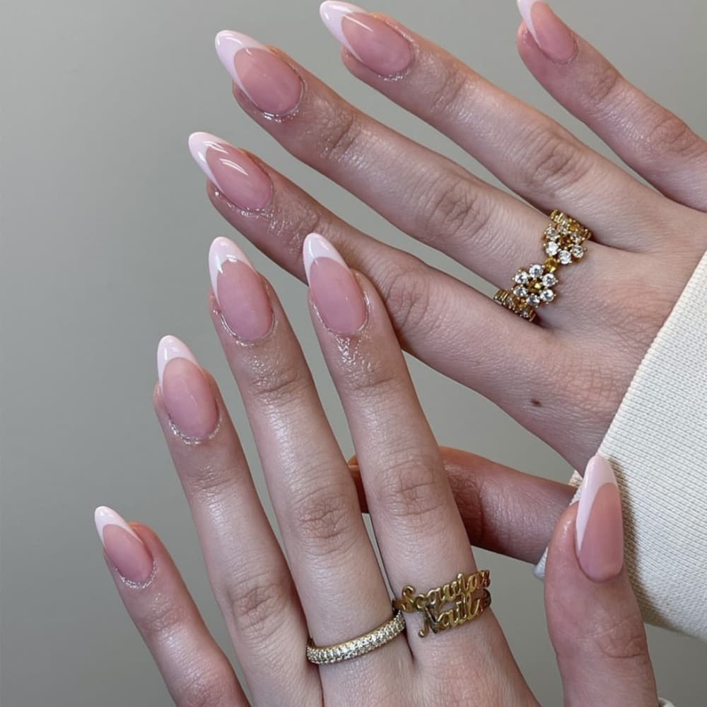 Almond press-on nails, minimalist pink French false nails, ins-style European/American press on nails