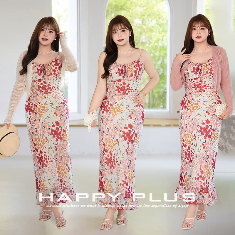 Runqida Code Embossed Dot Cut Flower Bias Cut Fishtail Spaghetti Strap Dress 9268 Romantic Blooming Gentle Flower Cluster Pink Dress