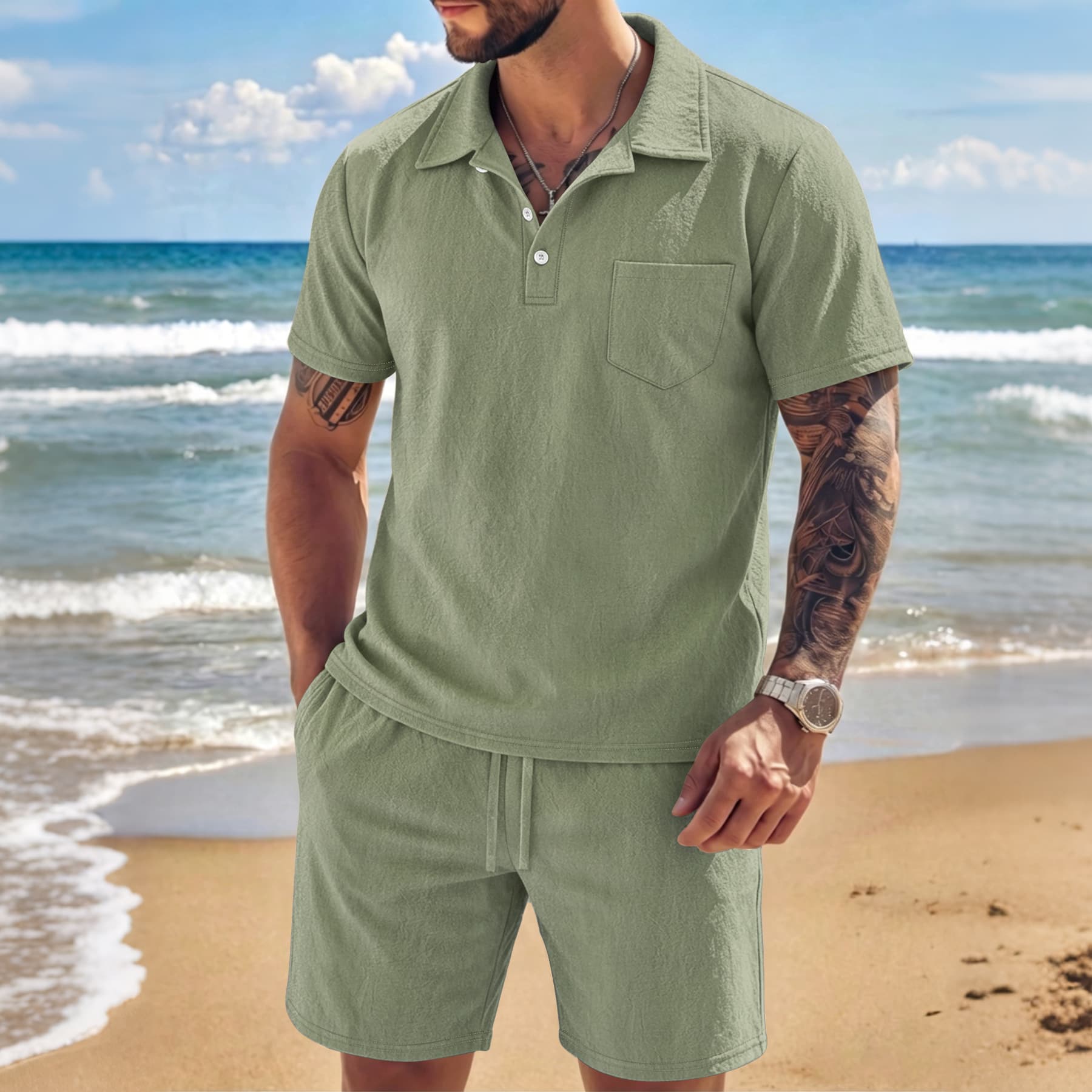 New cross-border European and American 2026 summer men's lapel short-sleeved shorts suit vacation linen casual beach wear