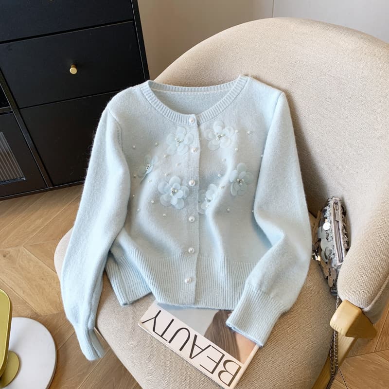 Sweet age-reducing heavy industry three-dimensional flower soft waxy sweater cardigan women's coat 2025 autumn and winter new style knitted top