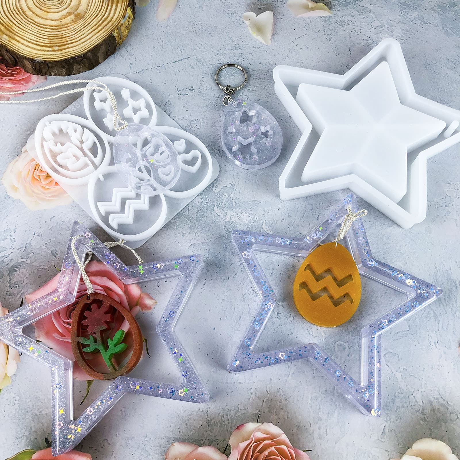 X0407+X0398 Five-Pointed Star Ornament Hanging Ring + Egg-Shaped Core Pendant Decoration Mold DIY Silicone Mold
