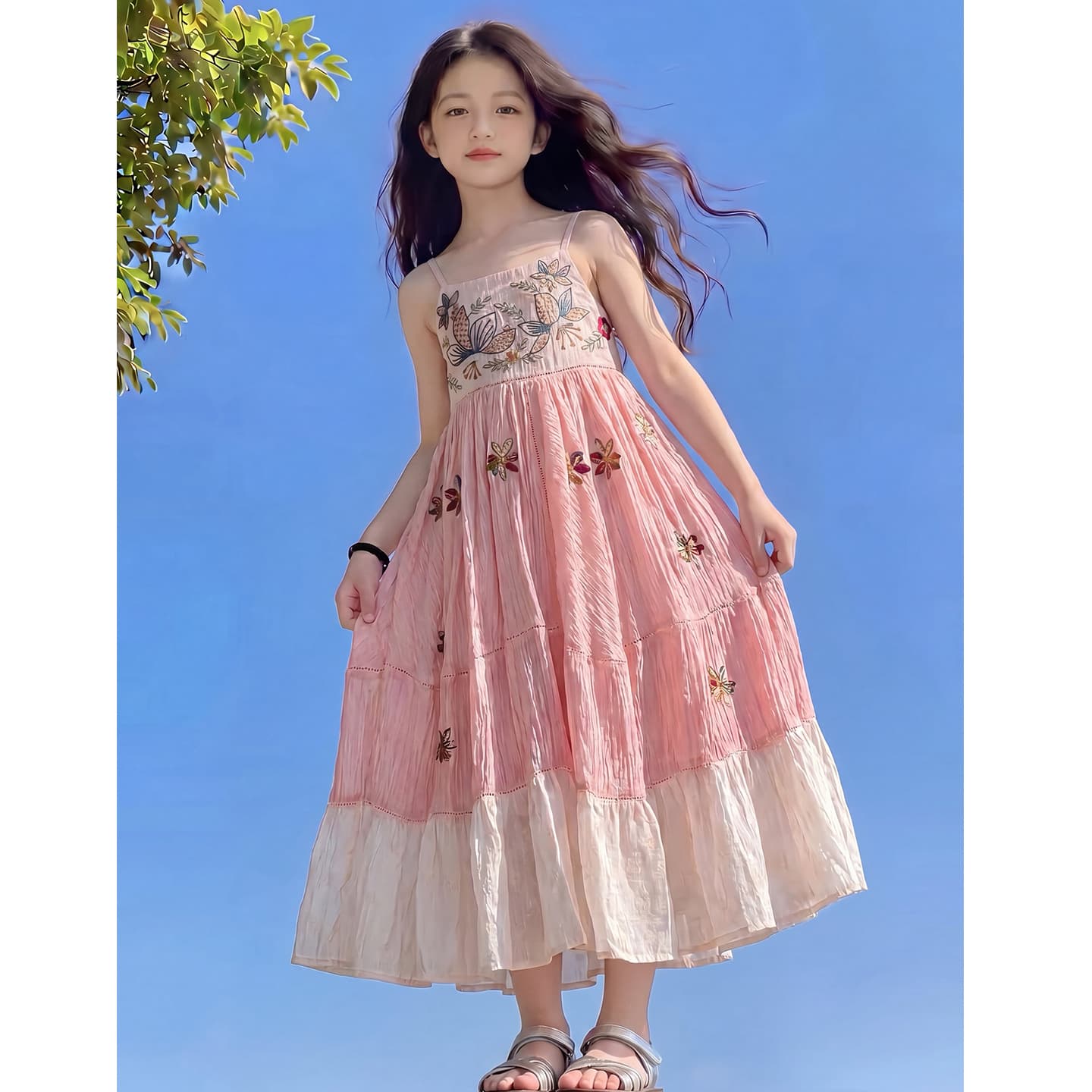 Girls Summer Princess Dress Pink Camisole Embroidered Birthday Photo Dress Large Skirt Vacation Style Gown