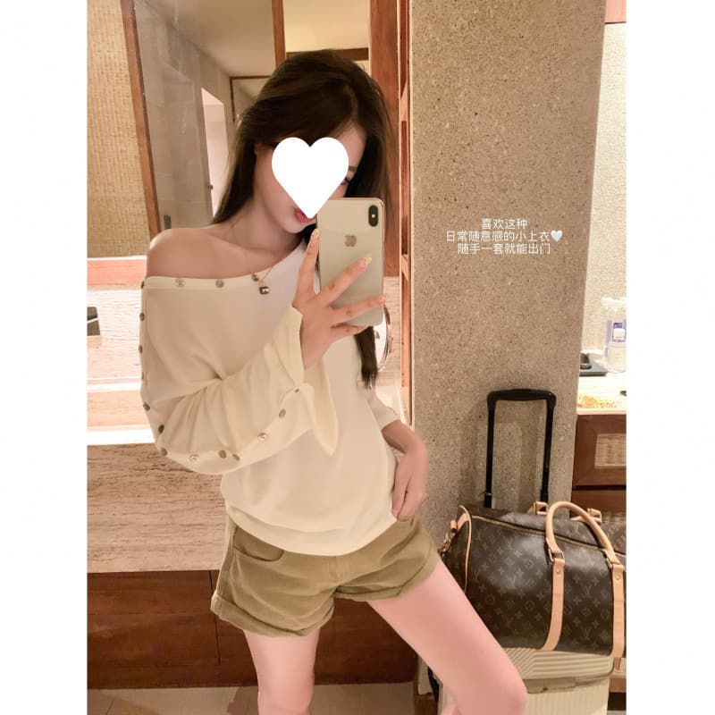 [260g Cashmere 40 Viscose 27 Cotton 27 Acrylic 6 Spandex] Button One-Shoulder Long-Sleeve T-Shirt Women Autumn Off-Shoulder Top