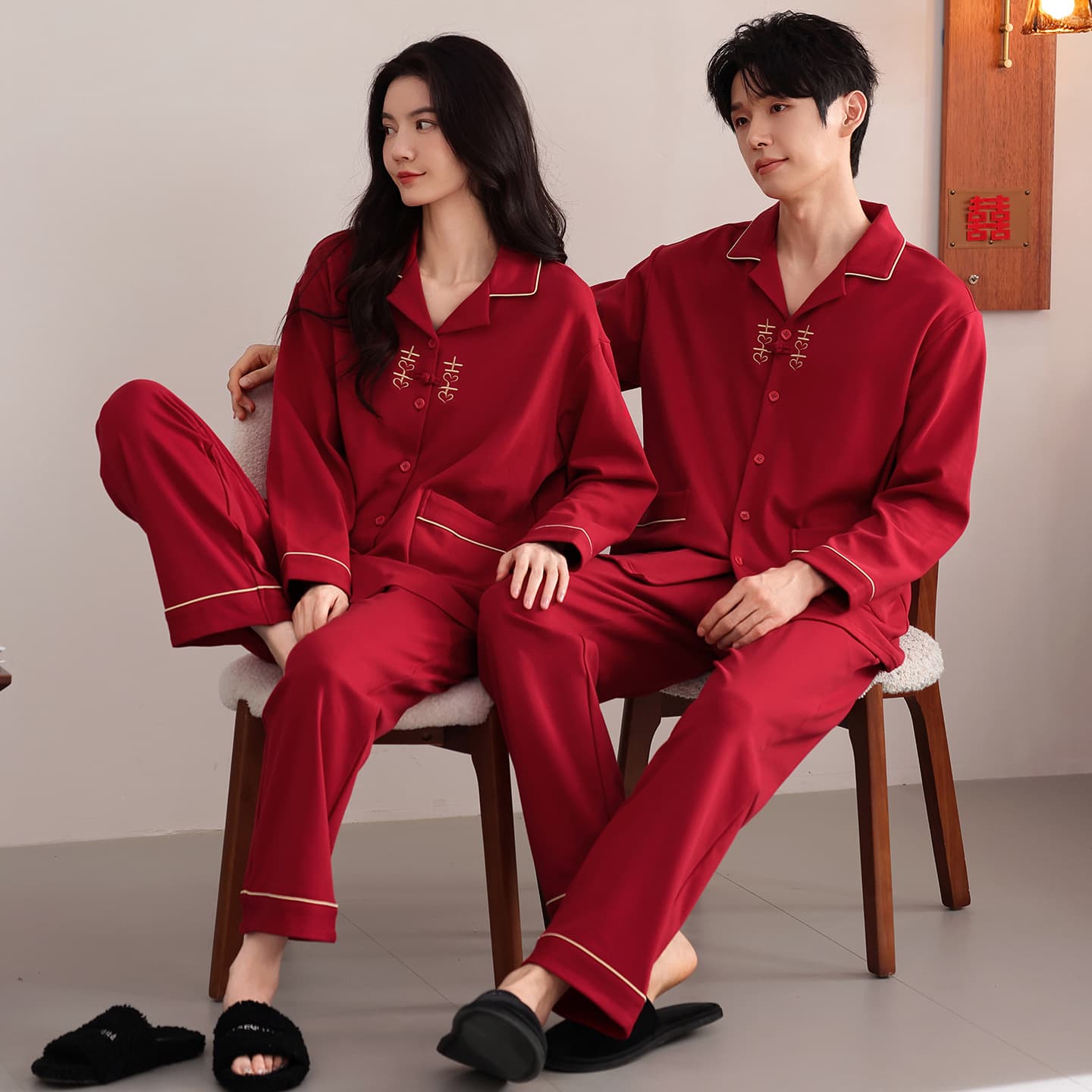 Long-Sleeved Couple Pure Cotton Pajamas for Women Newlyweds Big Red Zodiac Year High-End Can Be Worn Outside Men's Home Clothes
