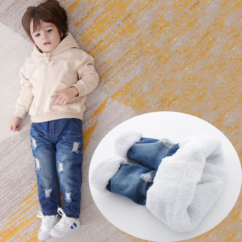 2025 Winter New Boys' Ripped Jeans, Versatile Fleece-Lined Casual Pants for Kids