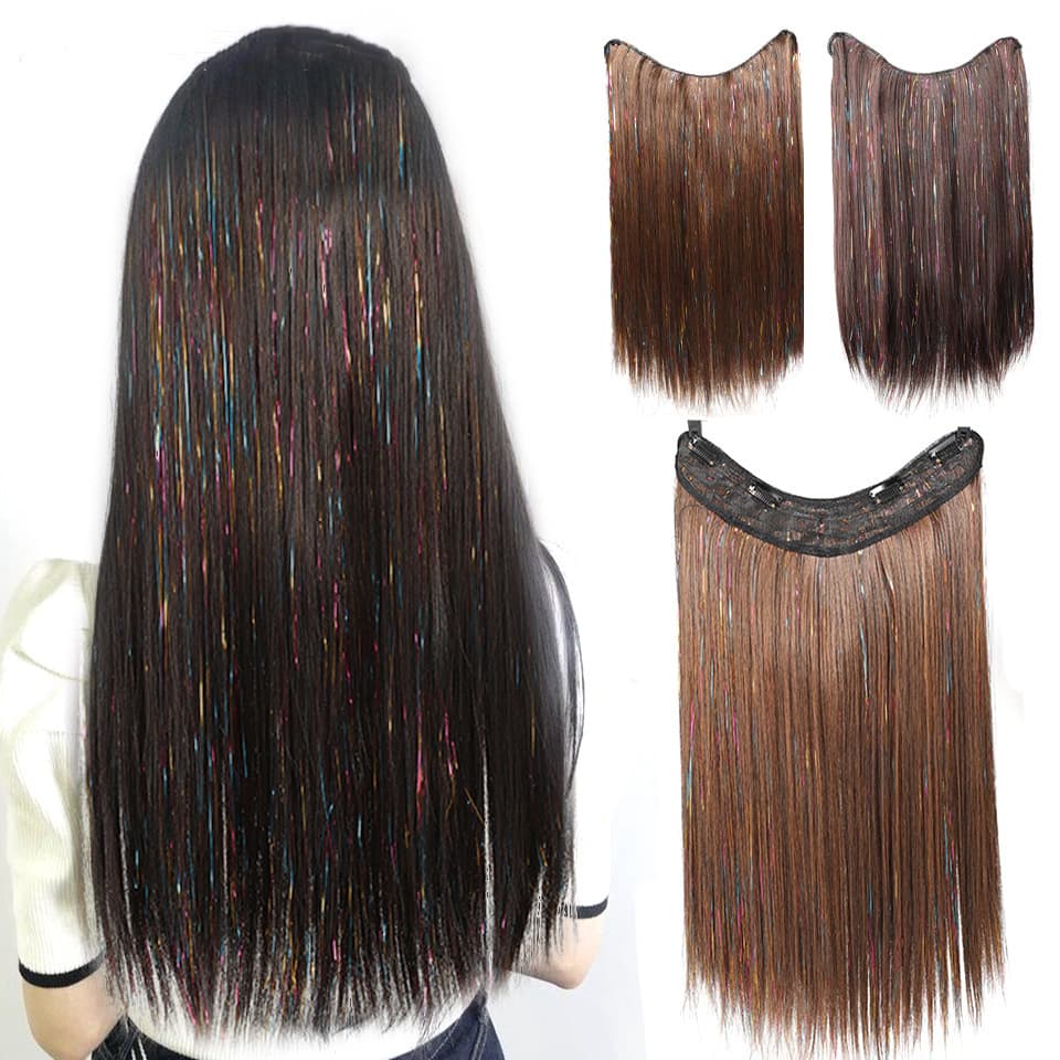 Laser Hair V-Shape Four-Clip Hair Extensions, Highlighted Edgy Style, Multicolor Gold Thread Glitter Hair Piece, Realistic Hair Extension Clip
