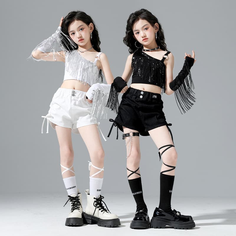 Children's Day Girls' Street Dance Performance Outfit, Girls' Crop Top Jazz Dance Performance Trendy Outfit, Model Runway Sequin White Tassel Summer