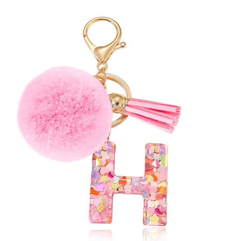 Fur ball English 26 letter key chain pink resin key chain love sequin tassel crystal bag pendant
