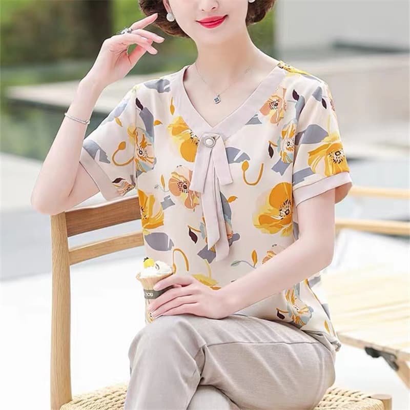 Mom's Summer Fashion Short-Sleeve Top 2023 New Style Middle-Aged and Elderly Women's Age-Defying Chic Chiffon Blouse T-Shirt