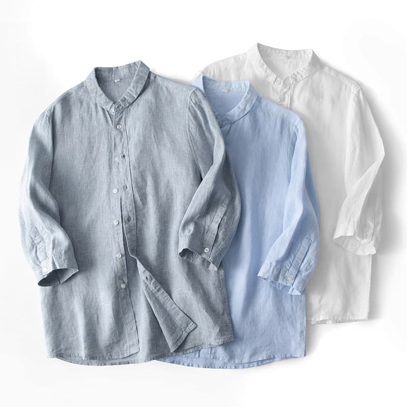 New Pure Linen Three-Quarter Sleeve Shirt Summer Stand Collar Solid Color Casual Loose Fit Youth Shirt Thin Versatile 139