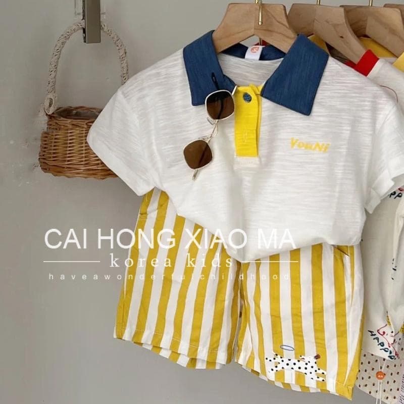 Korean children's clothing for boys and girls, fashionable and casual lapel T-shirts, children's vertical pattern loose pants, summer two-piece suit