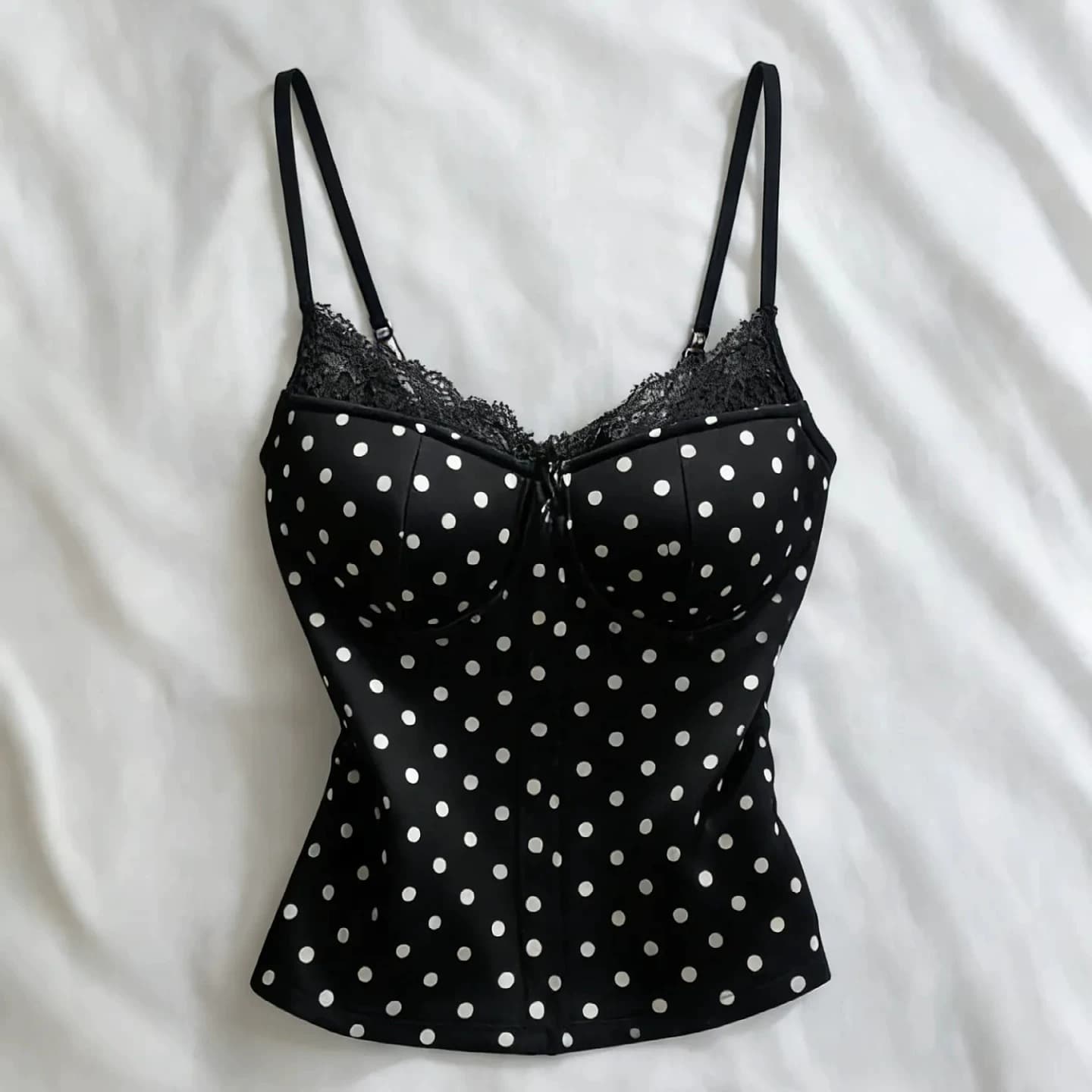 Pure Desire Style Polka Dot Lace Patchwork Camisole for Women, Summer Slim Fit Chic Hong Kong Style Design Sleeveless Short Top